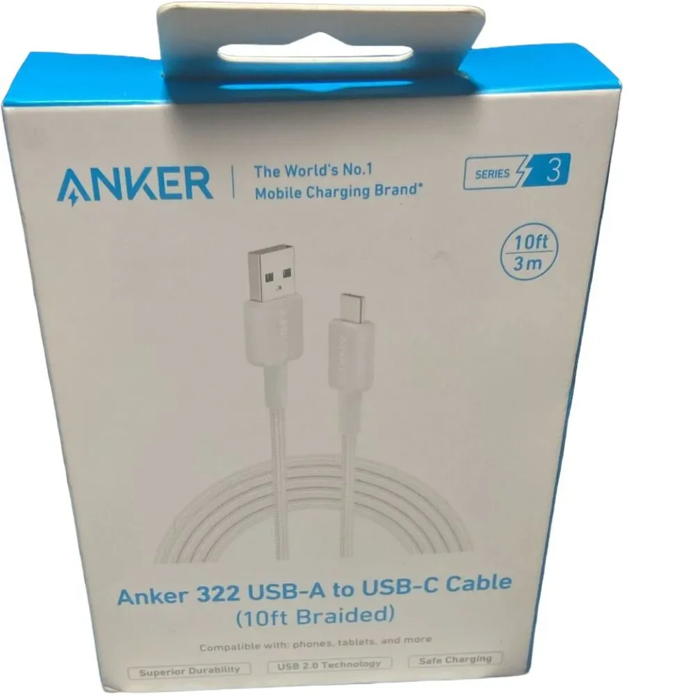 Anker 322 10ft USB-A to USB-C Braided Cable White, Fast Charge, New Open